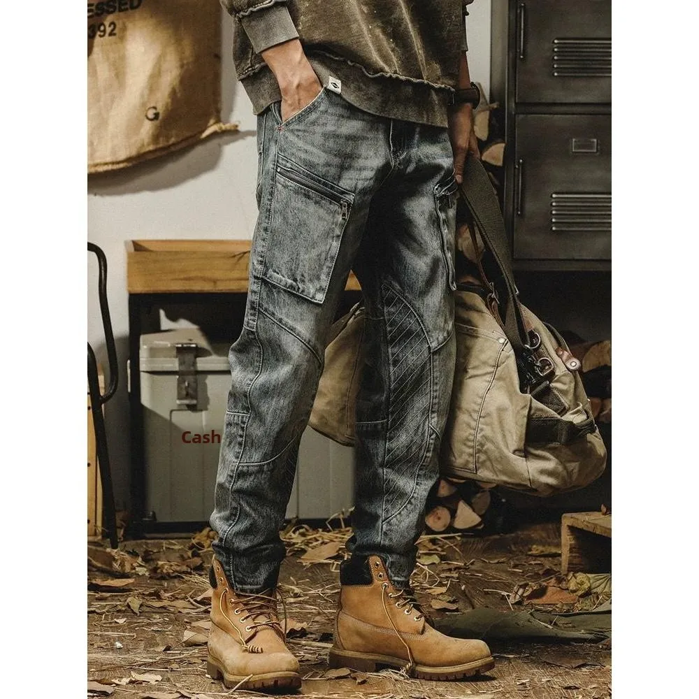 

Американские джинсовые джинсы в стиле ретро, мужские свободные прямые мотоциклетные спецодежды, повседневные длинные брюки, модные городские всесезонные хлопковые брюки...
