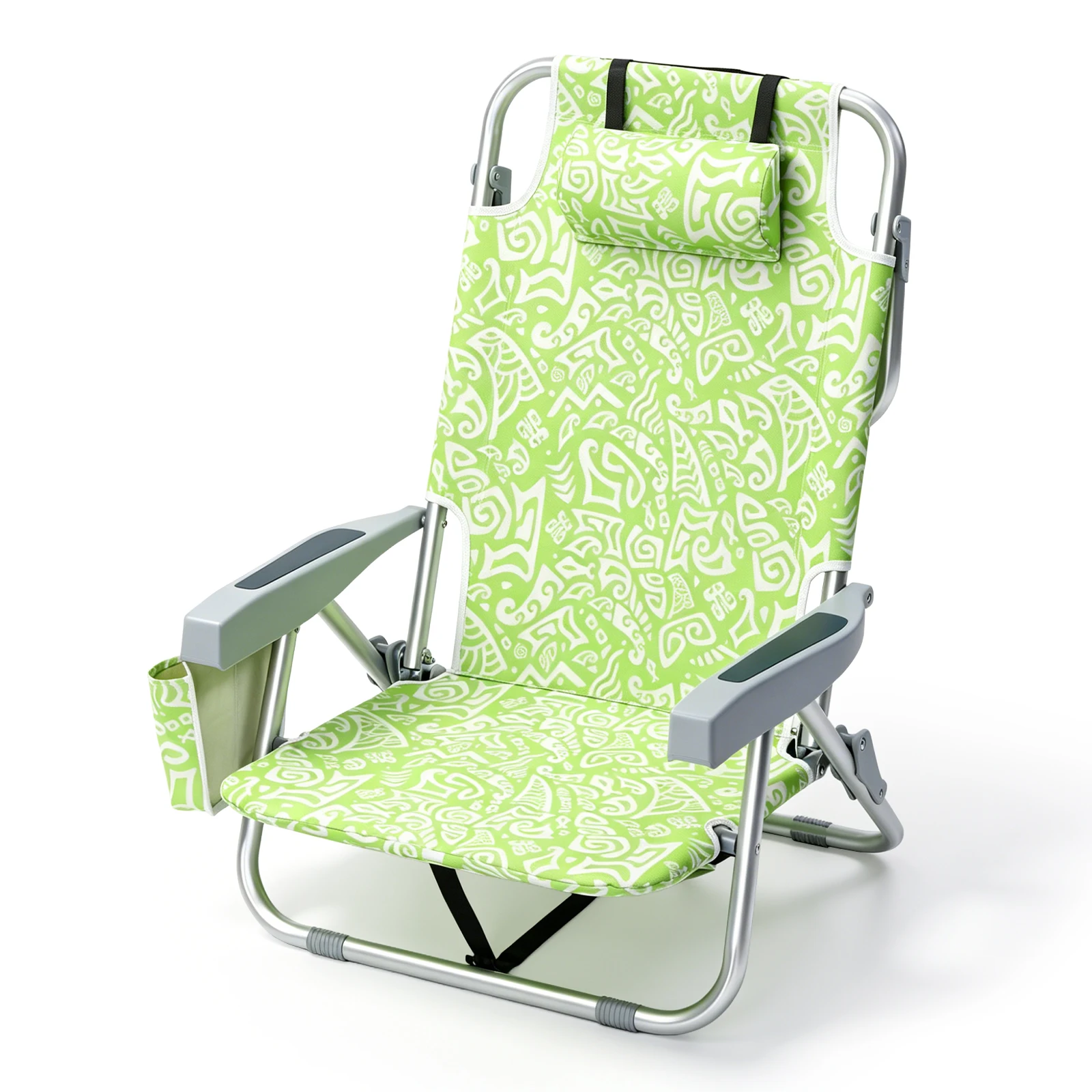 

5-Position Aluminum Beach Chair Yellow Tribal Pattern with Headrest Cooler Bag Cup Holder Portable Outdoor 120KG