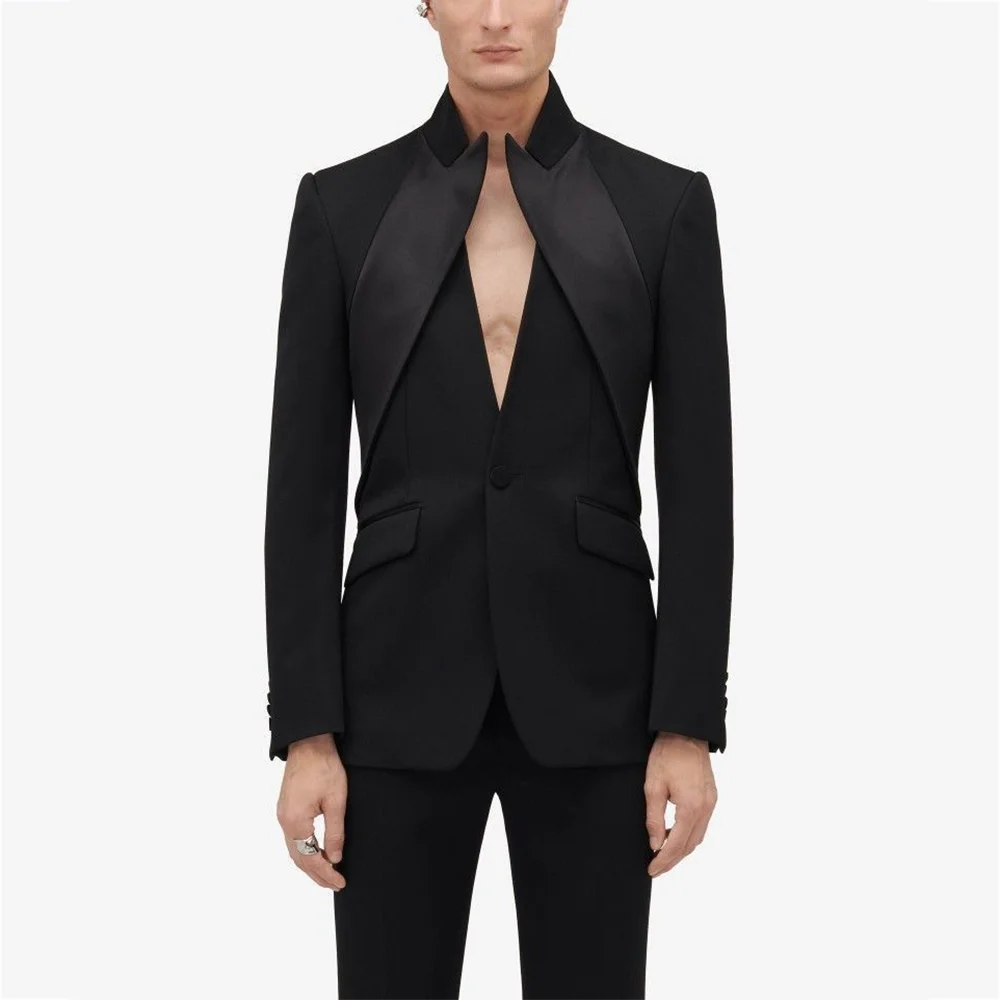 

Мужские костюмы с воротником-стойкой, уникальный дизайн, модный комплект с одной пуговицей, высокое качество, из двух предметов, свадебный смокинг жениха, мужской комплект на заказ