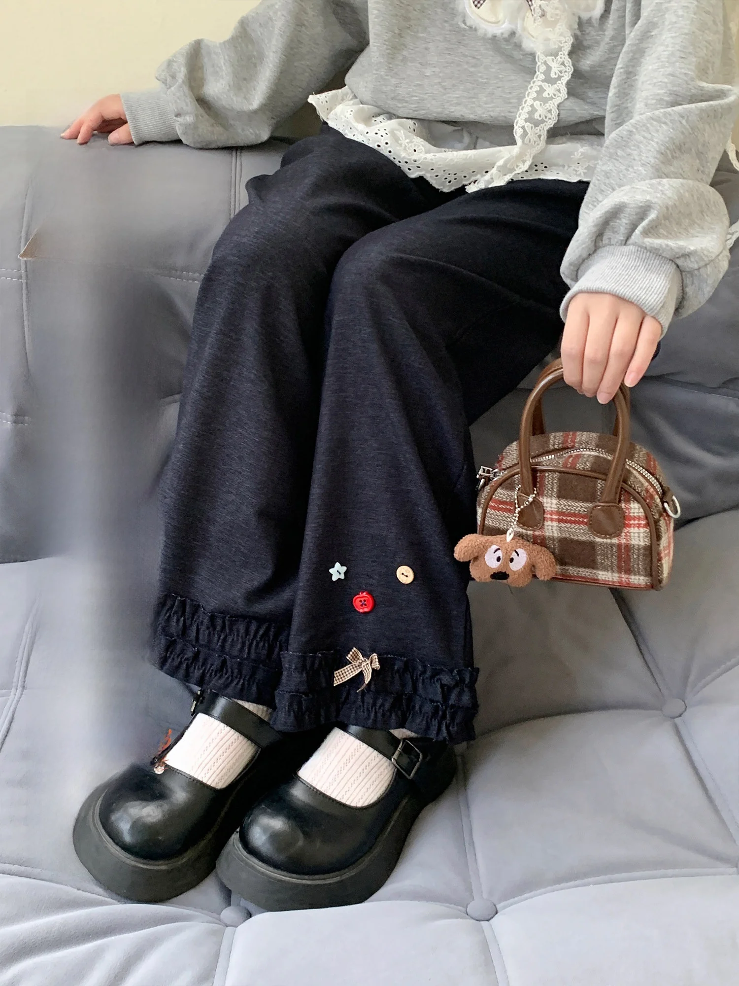 

Очаровательные мультяшные повседневные брюки с широкими штанинами для женщин, осенне-зимние, модные, с цветными блоками, удобные, с завязками на талии