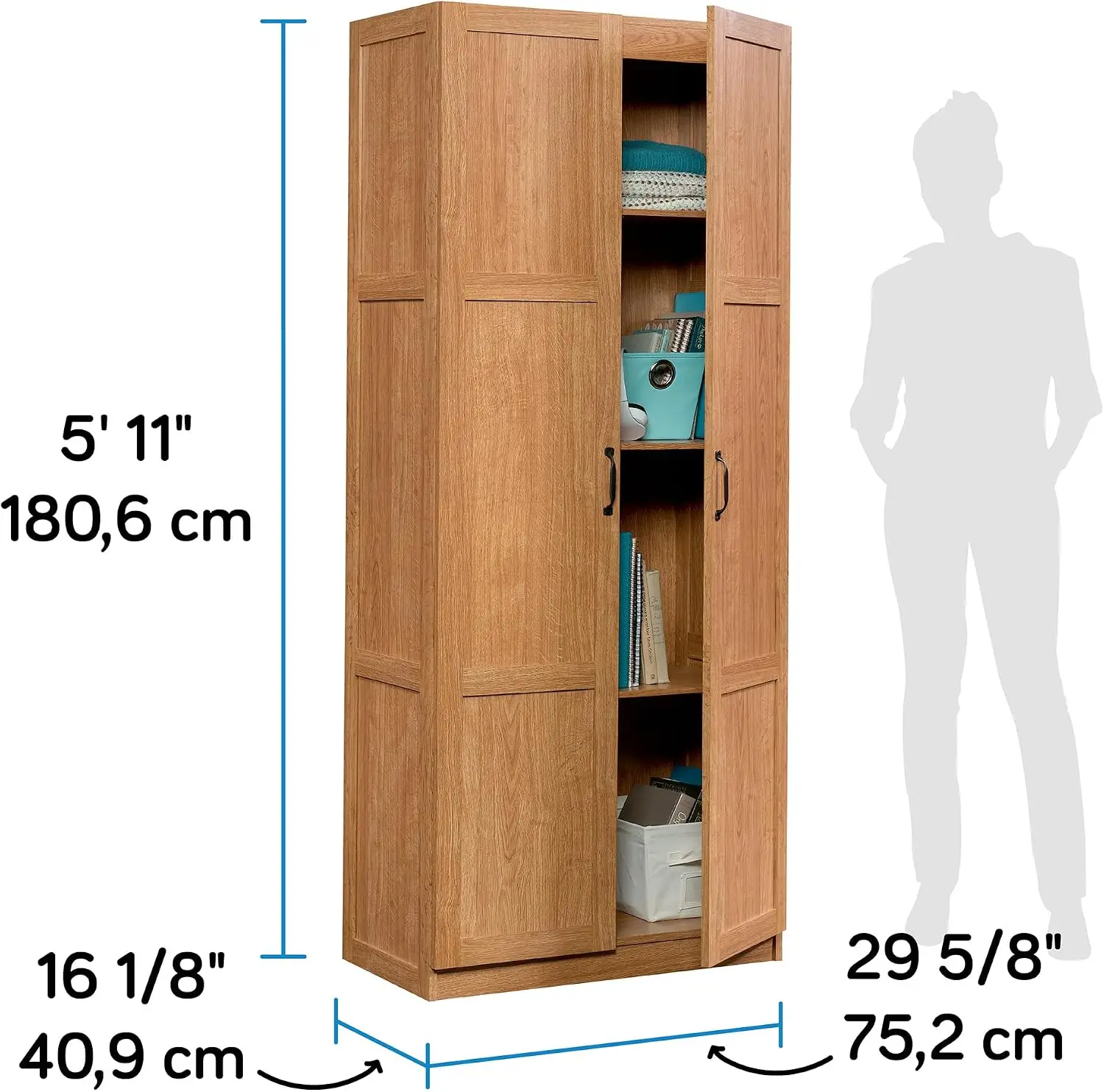 Tall Storage Cabinet, Freestanding Kitchen Pantry Storage Organizer Unit With Four Adjustable Shelves, Multi Purpose Utility Furniture For Laundry Room Home Office Garage, Rustic Highland Oak Color view 3