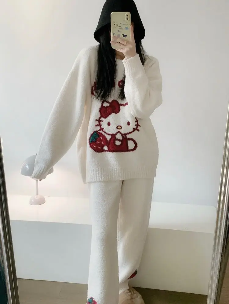 

Женский плюшевый вязаный пижамный комплект Hello Kitty 2025 года Kawaii, осень-зима, теплая утолщенная уютная домашняя одежда для дома