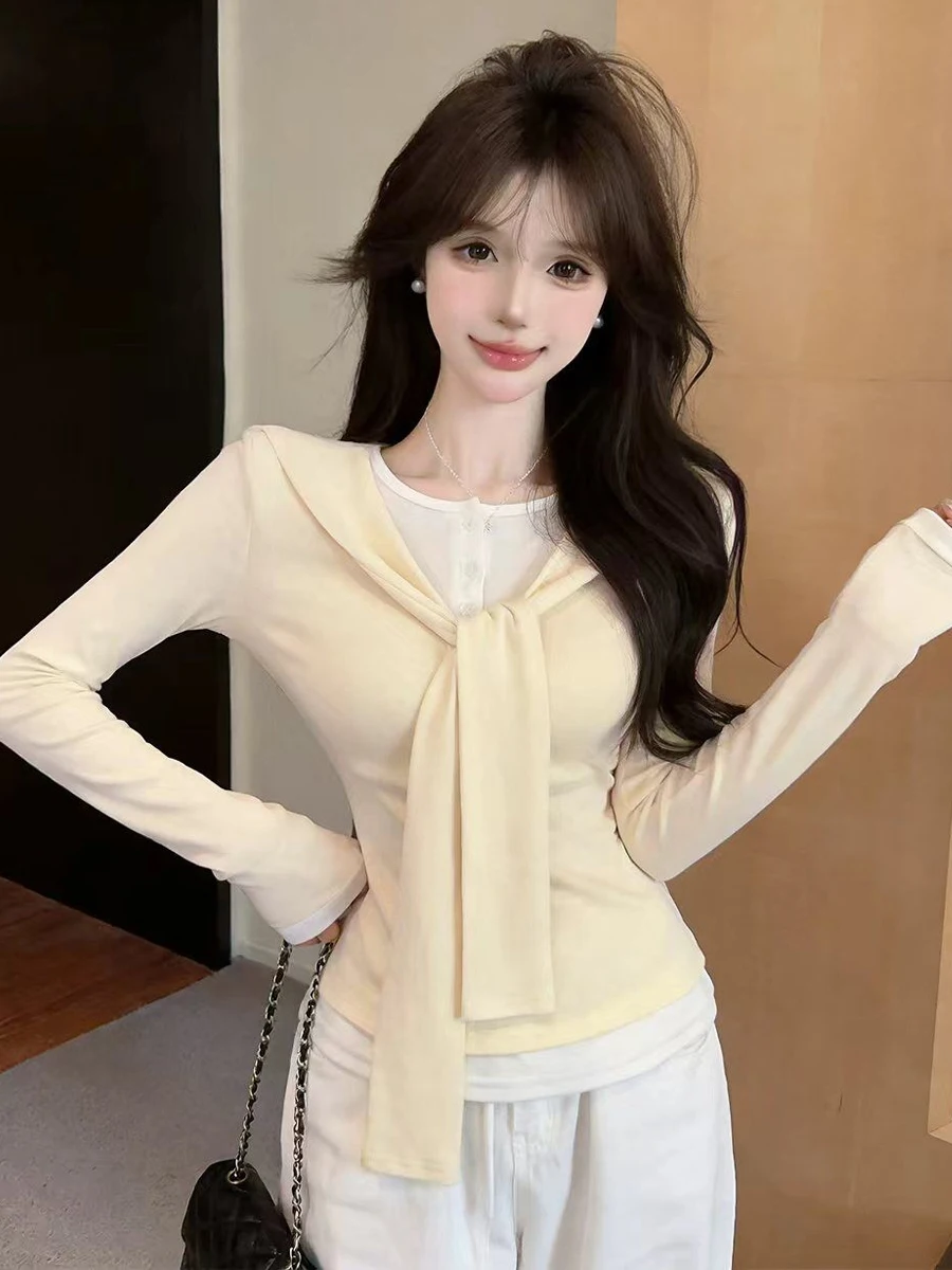 Sexy Long Sleeve T-Shirt with Shawl Belted Slimming Commute Ready Fashionable Women's Clothing Casual High Waist Design