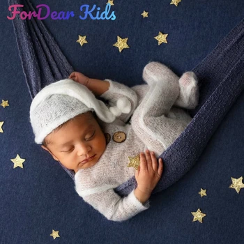 Conjunto de chapéu e macacão de bebê mohair, 2 peças, adereços para fotografia de recém-nascidos, body de lã de malha, kit de boné de cauda longa, roupas para fotos de bebês