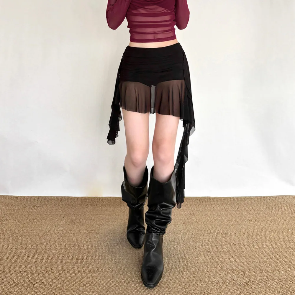 SylCue Mesh Patchwork Mini Dress Woman Elastic Waist Ruffles Tassel Decoration Summer Trend High Street Style Elegant Bottoms