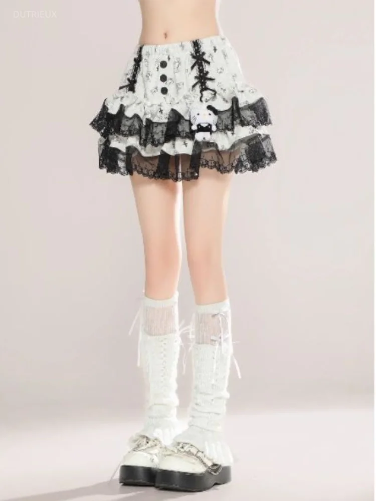 Punk Lace Y2k Patchwork Black Cake Skirts Summer High Waist Bow Skirt For Women 2026 New Slim Fit Ruched Faldas Mujer