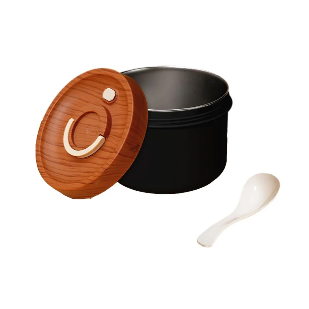Stainless Steel Insulated Lunch Box Double Layered Wood Grain Lid Food Storage Container Leak Proof Stackable Breakfast Holder