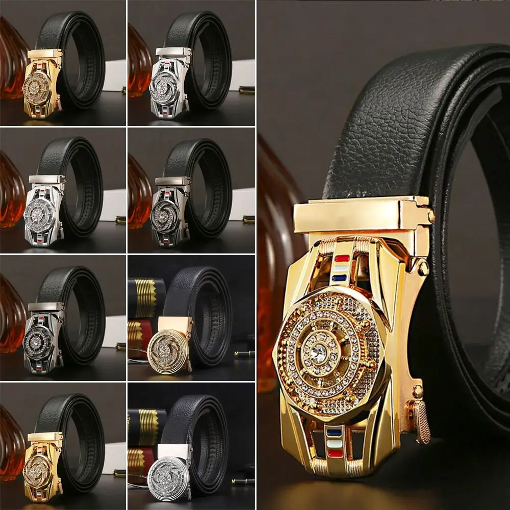 Man Automatic Buckle Leather Belt Men Business Time To Run Belt Golden Waist Buckle Rhinestone Decoration Males Luxury Belt