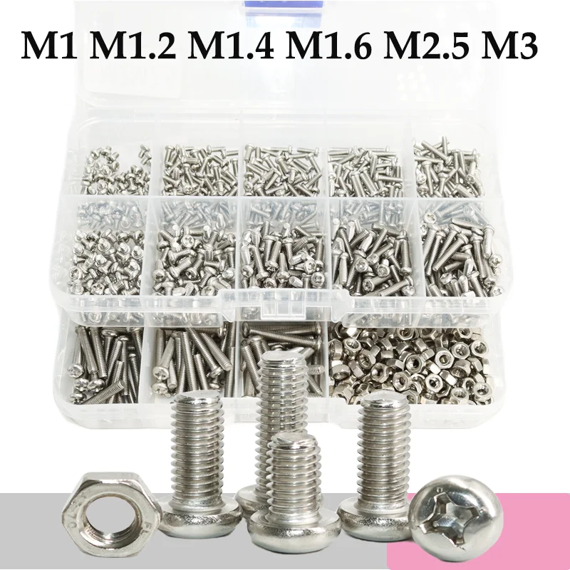 Mini-Maschinenschraube M1 M1,2 M1,4 M1,6 M2,5 M3 304 Edelstahl Kreuzschlitz Rundkopf Kreuz Kleine Schrauben Muttern für Motherboard CPU