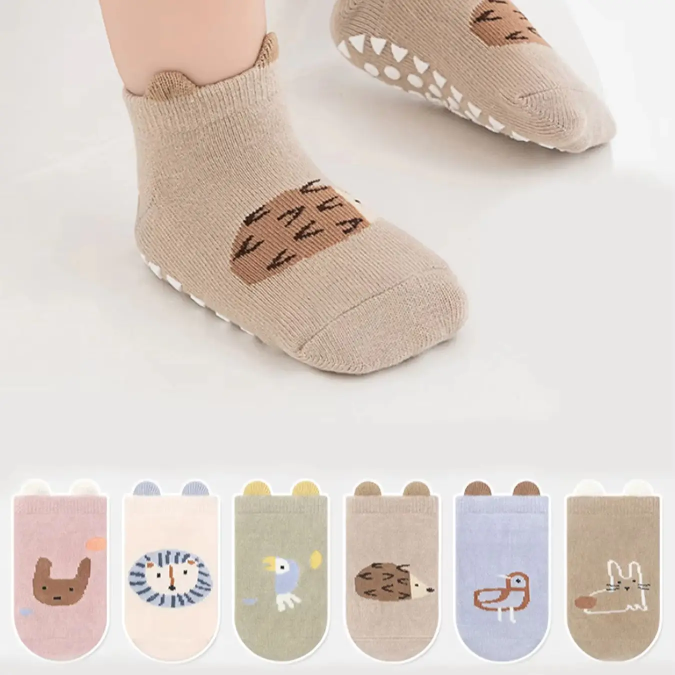 12 pairs of boys and girls' anti slip socks with cute cartoon animal patterns, comfortable and breathable baby floor socks