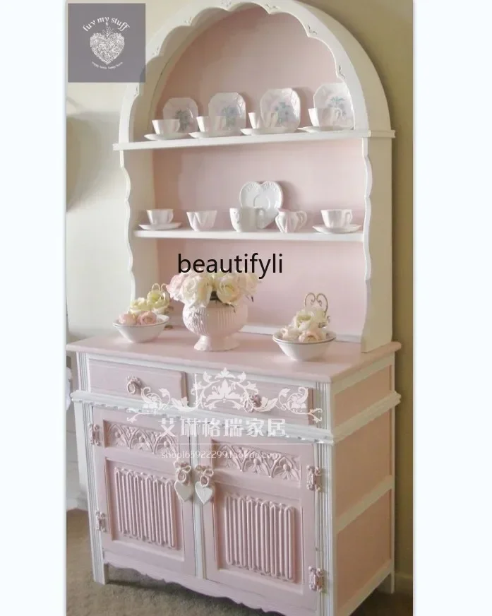 American French solid wood carving flower bookcase dining side cabinet locker pastoral pink princess cabinet