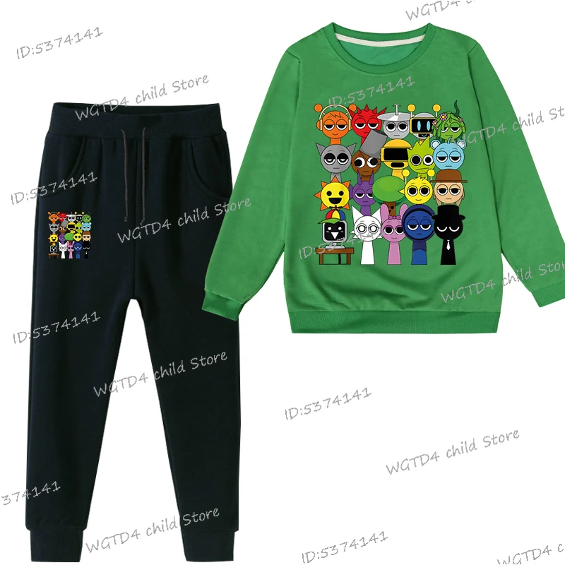 Wiosna Chłopcy Dziewczynki Anime Sprunki Garnitur Zabawna Gra Figurka Nadruk Bluza Długi Rękaw Pullovers+Fashion Sprunki Spodnie 2szt Zestawy