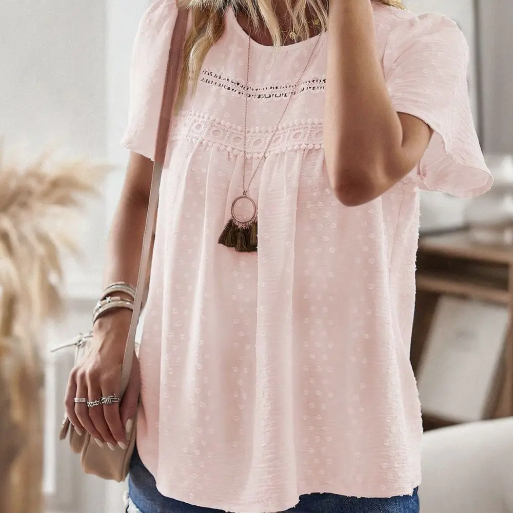 2026 Summer Womens Blouse Loose Fit Crew Neck Shirt Elegant Patchwork Pullover Tops Casual Comfortable Solid Color Office Wear