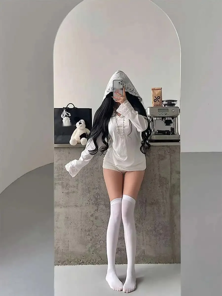 Pure Desire Lace Splicing Hoodie Loose Slim Long Sleeve T-shirt Top For Women Dress Elegant Fashion Sweet Women Tops 0XLW