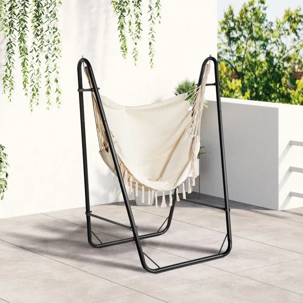Outsunny Patio Hammock Chair With U Shape Stand, Outdoor Hammock Swing Hanging Lounge Chair With Side Pocket, Black/Cream White