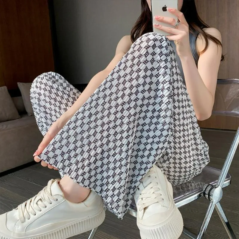 Black White Pleated Ice Silk Wide-leg Pants Women's 2025 Summer High Waist Drape Straight Tie-dye Casual Floor-mopping Trousers