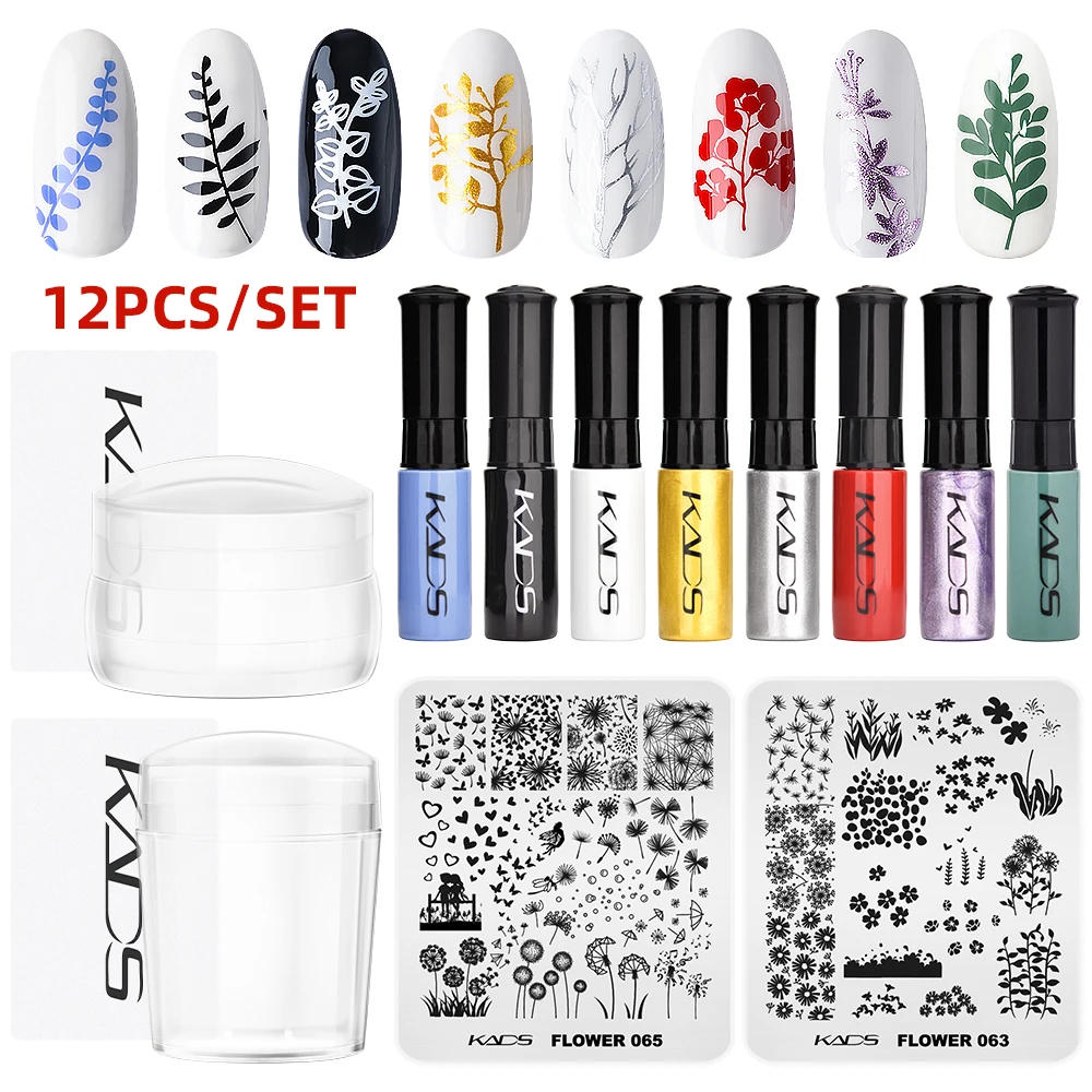 

KADS 12 Pcs Nail Stamping Polish Set Flower Leaves Stamp Plates Template Stencil Jelly Stamper Scraper Kit Marble Leaves Line