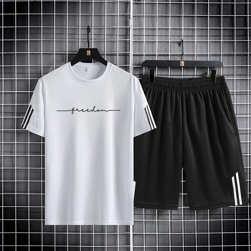 【 M-5XL 】 Summer men\'s set 2024 new quick drying breathable mesh short sleeved T-shirt and shorts two-piece running sports set