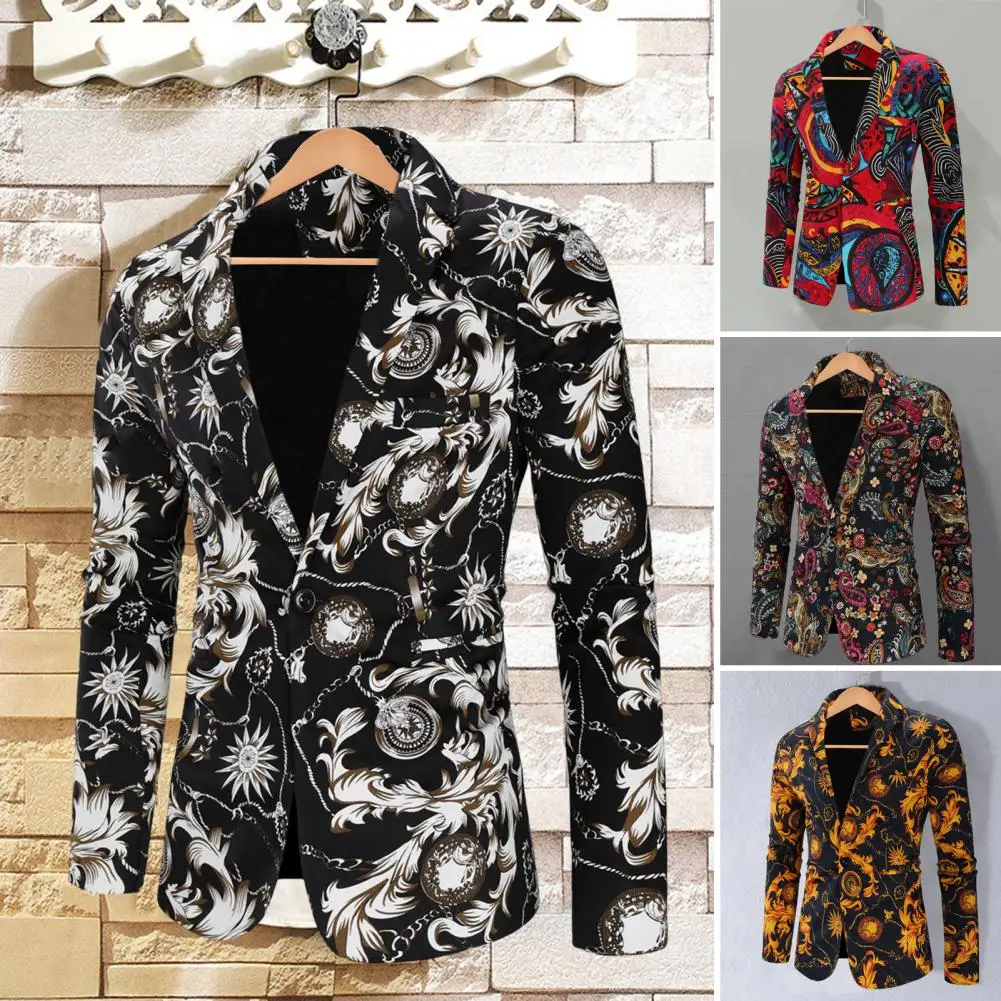 

2026 Men Blazer Fashion Print Turndown Collar Long Sleeve One Button Loose Suit Jacket Colorful Printed Blazer Fashion Blazer