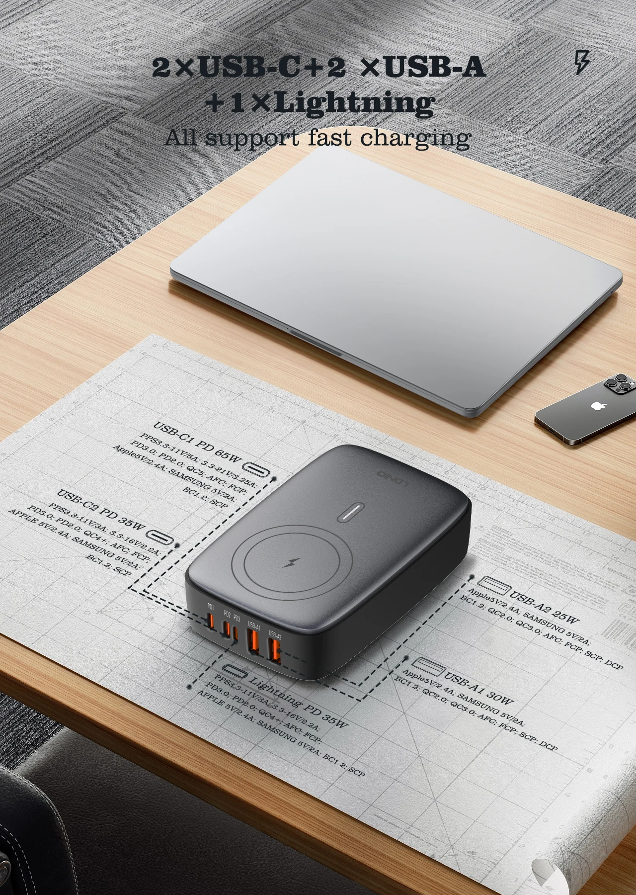 LDNIO 140W 6 in 1 Wireless Charger GaN 65W USB C Charger PD QC USB A Fast Charging Station 6 in 1 Desktop charger Extension cord