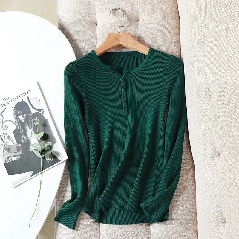 Women Autumn Knitted Slim Sweaters Solid Knitted Cotton Button V-neck Soft Elastic Pullovers Button Long Sleeve Female Sweater