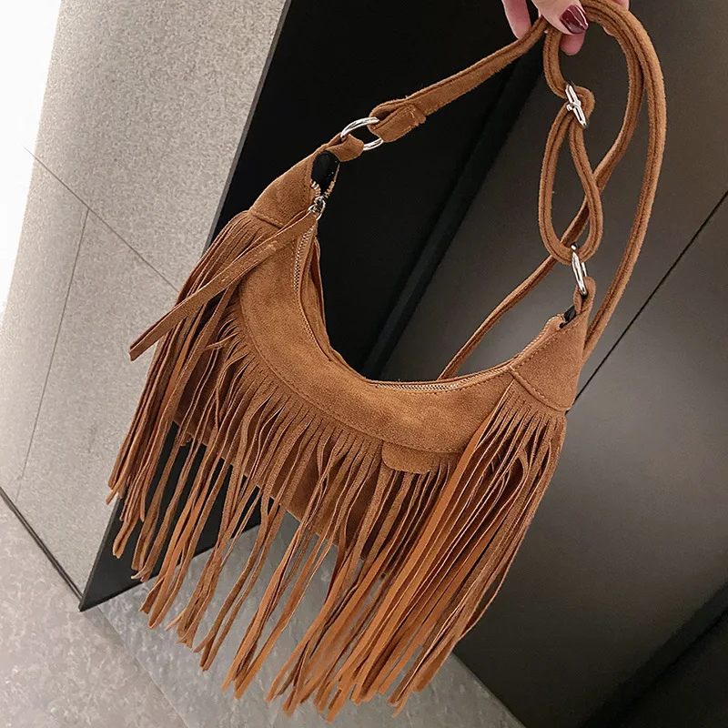 Jesienno-zimowa jeleń aksamitna torba na ramię z frędzlami w stylu Vintage duża pojemność torba Crossbody modna torebka torba typu Messenger bolsa