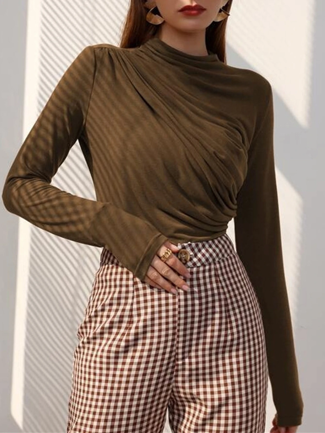 

Women's Long Sleeve T-Shirts Simple Solid Color Scoop Neck Casual Office Lady Fashion Autumn Winter Daily Shirring