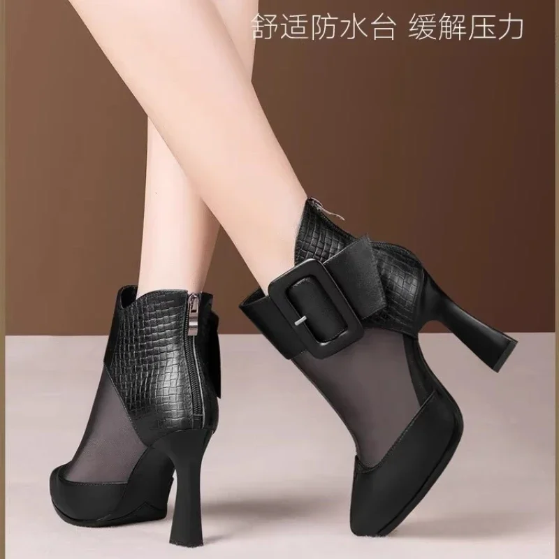 High Appearance Level Thick Sole Thick Heel Pointed Mesh Fabric Fashion All Comfortable Non-slip Breathable Women's Ankle Boots