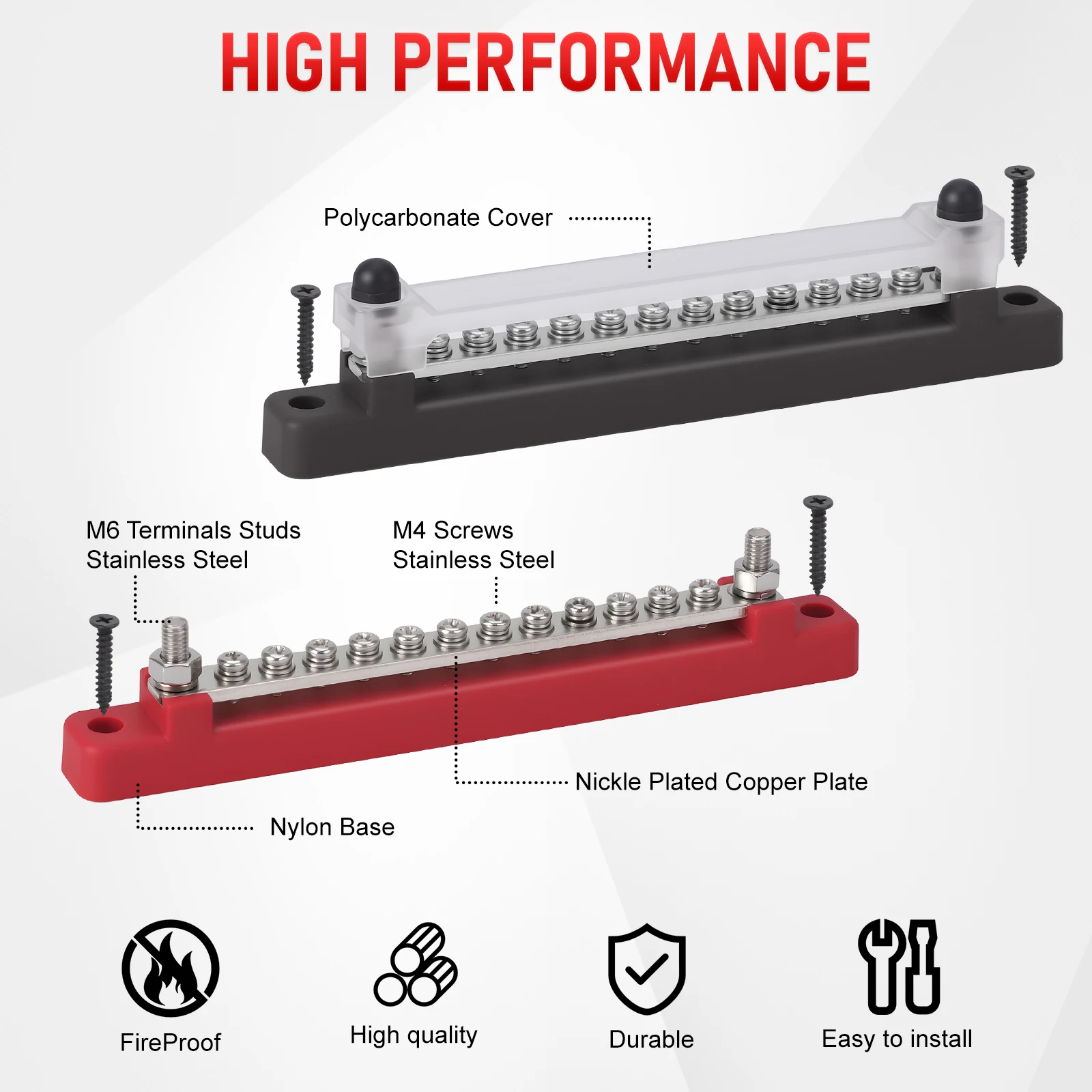 Picture 5: 12 Way Terminal Bus Bar 48V 150A Busbar Block With Cover Ground Distribution Power Terminal Block 2 Studs M6 For Boat Car Camper
