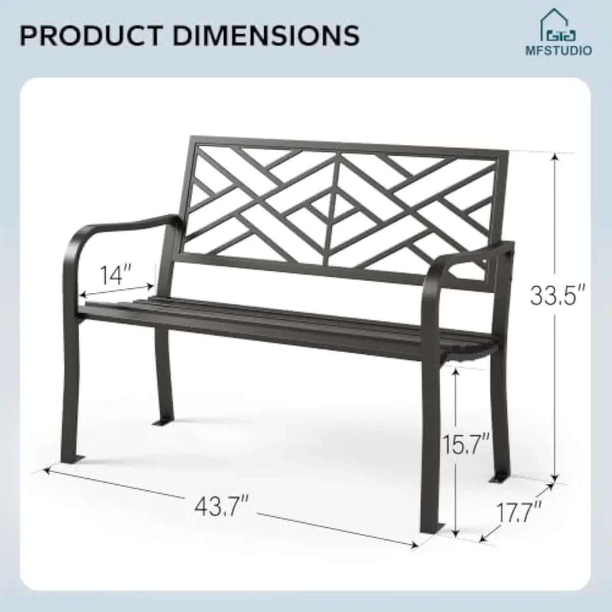 43.7 inch outdoor bench crafted from durable wrought and cast iron with geometric back panel and sloped ergonomic seat in matte