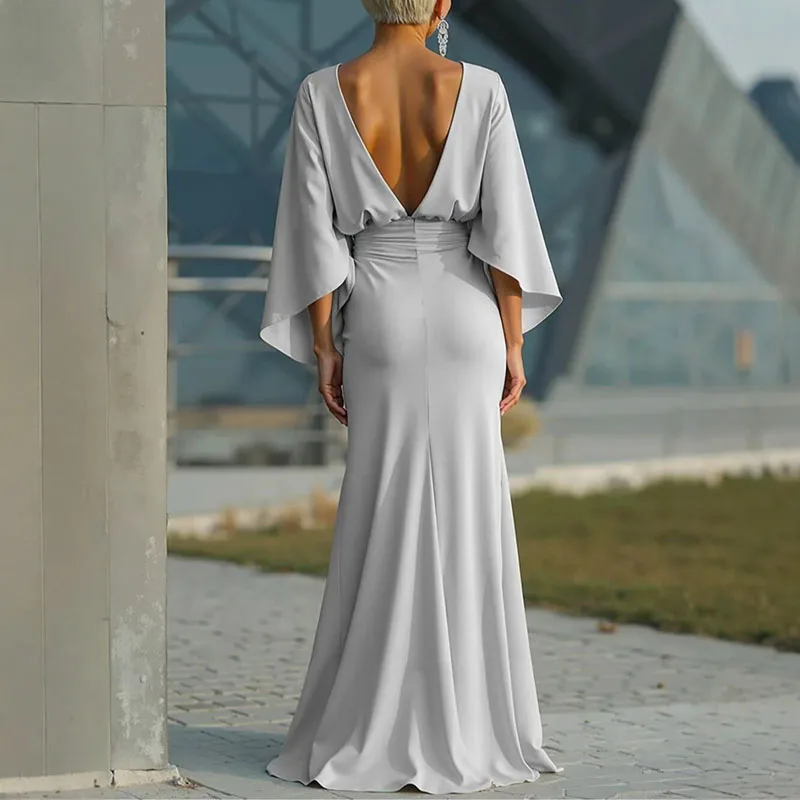 Womens Sexy Backless Hollow Bohemian Dress Spring Elegant O Neck High Waist Long Dress Summer Batwing Sleeve Slim Straight Dress - view 6