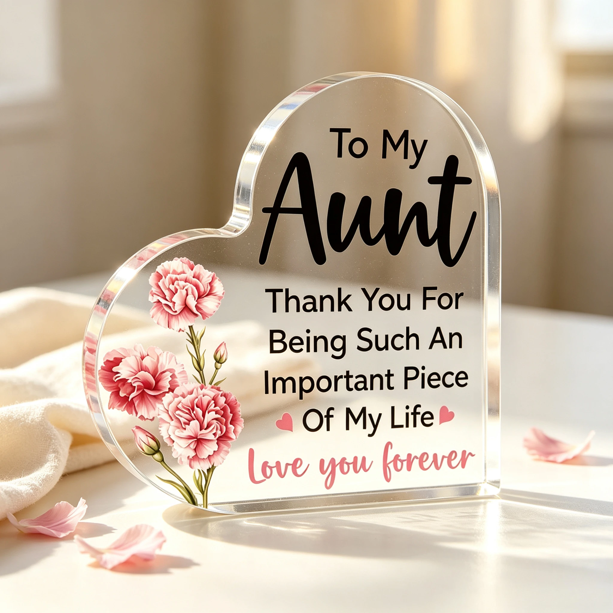 Soft Pink Carnation Heart‑Shaped Acrylic Plaque, Loving Appreciation For Aunt Desktop Home Ornament