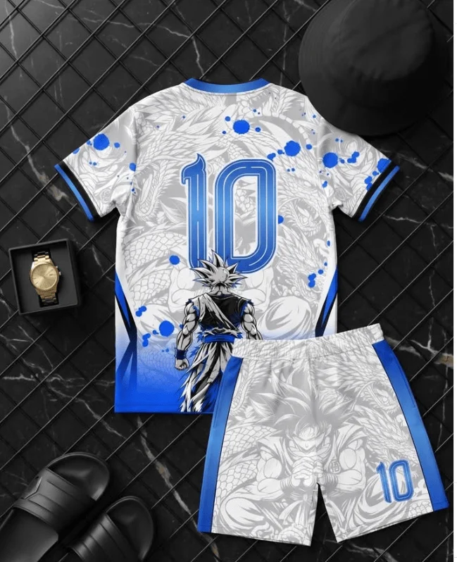 Blue and White Manga Style Goku Full Printed Short Sleeved Shorts, Trendy and Cool Anime Set, Sun Wukong Peripheral Jersey Set