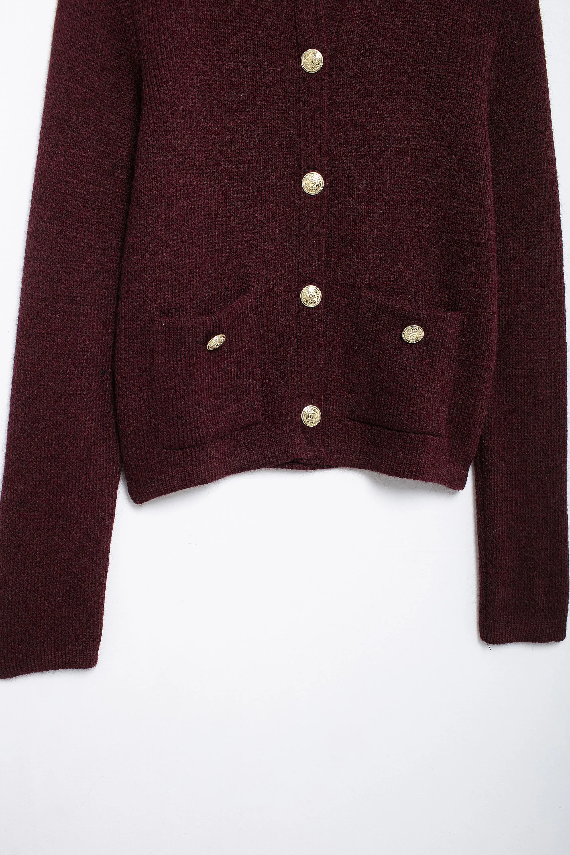 Gold-Breasted Knitted Jacket Round Neck Long Sleeve Burgundy Sweater