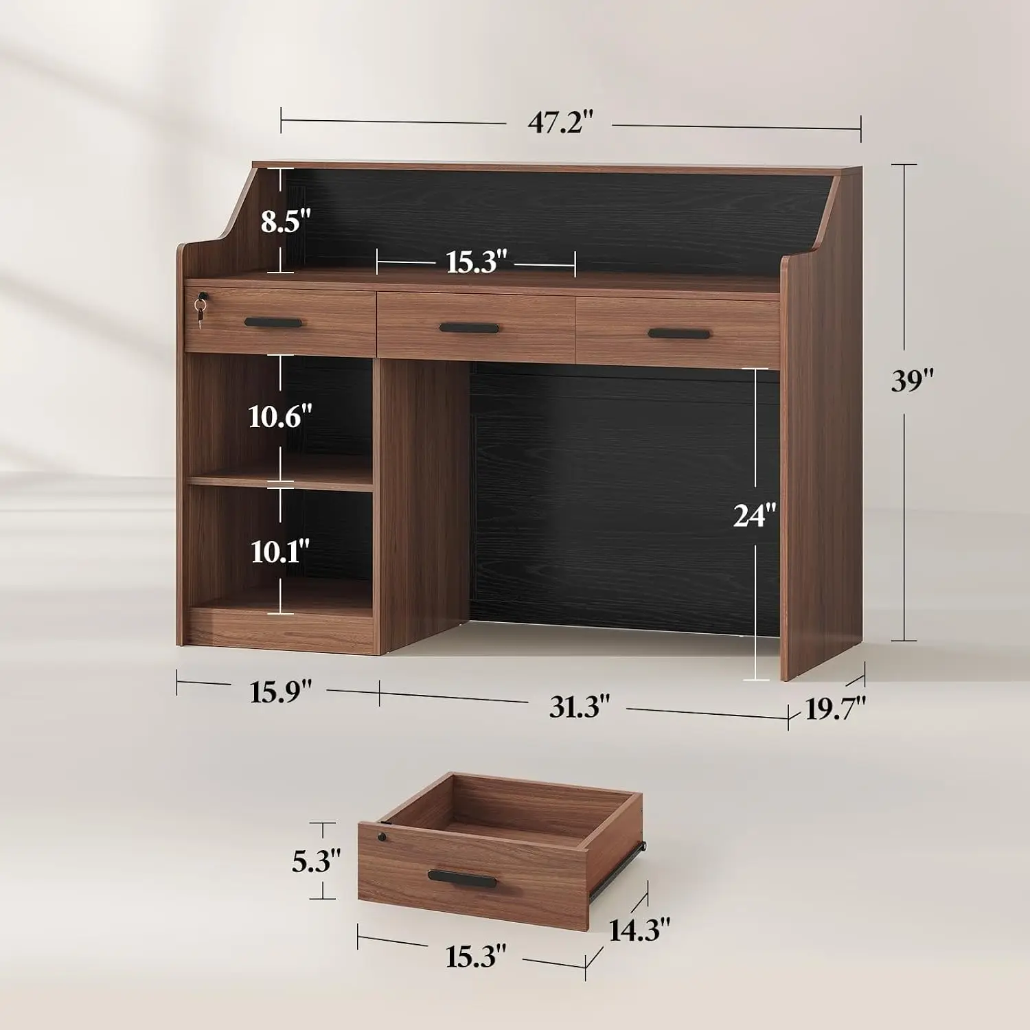 Modern Reception Desk With Counter 3 Drawers And Storage Cabinet, Stylish Retail Checkout Counter Desk Organizer For Barber Shop, Beauty Salon, Front Office, Lobby