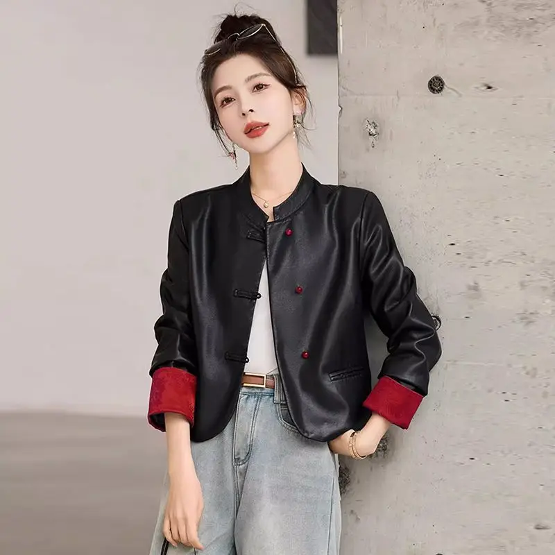 Big Size Retro Cropped Leather Jacket Women Single-breasted Long Sleeve PU Leather Coat Waterproof Windbreaker Short Tops Black