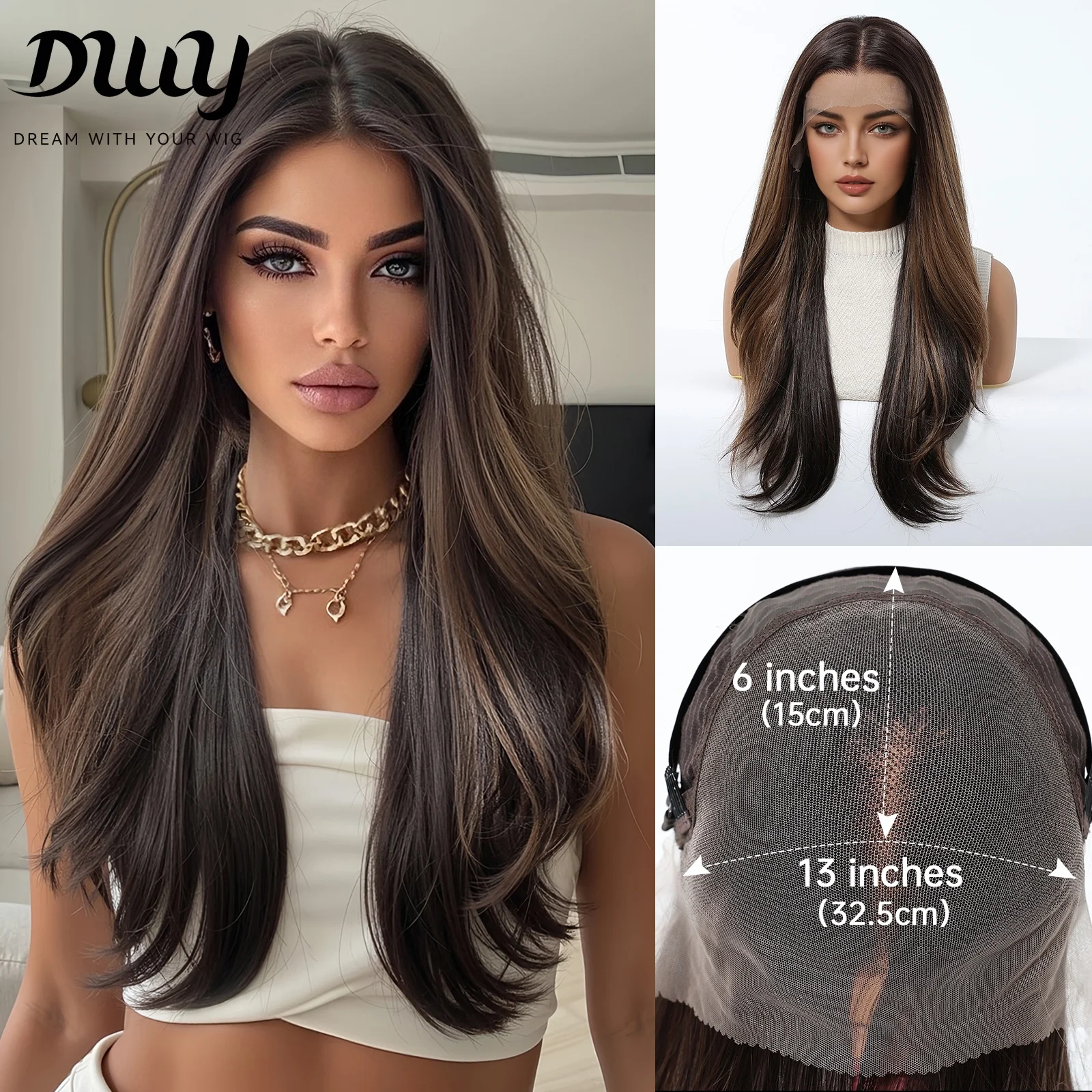 

13x6 Lace Front Synthetic Wig Long Straight Ombre Brown Heat Resistant Fiber Natural Hairline Pre Plucked for Women Daily Party