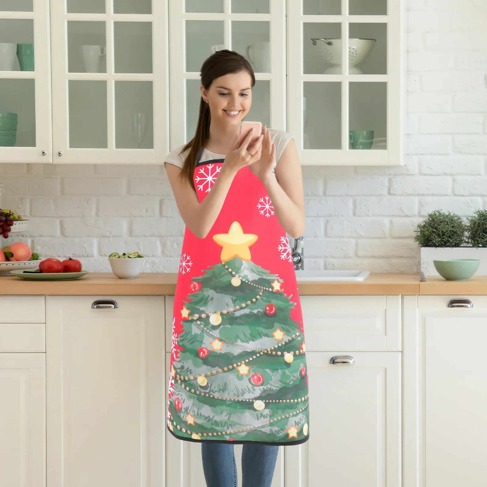 

Christmas Apron Cute Printed Waterproof Kitchen Dinner Baking Cooking Restaurant Work Apron For Home Entertainer Gourmet