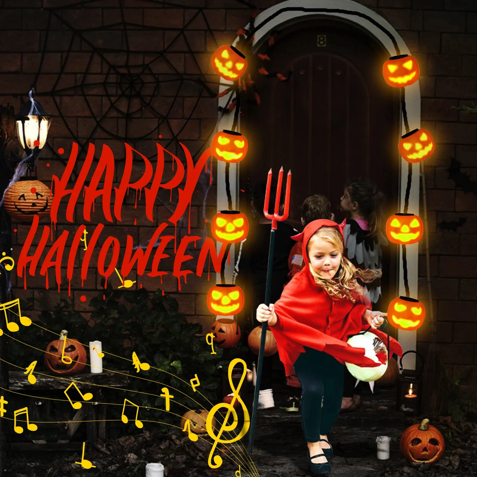 Halloween Pumpkin Music String Lights Animated Outdoor Waterproof Glowing Luminous Soundmaking Horror Halloween Decoration