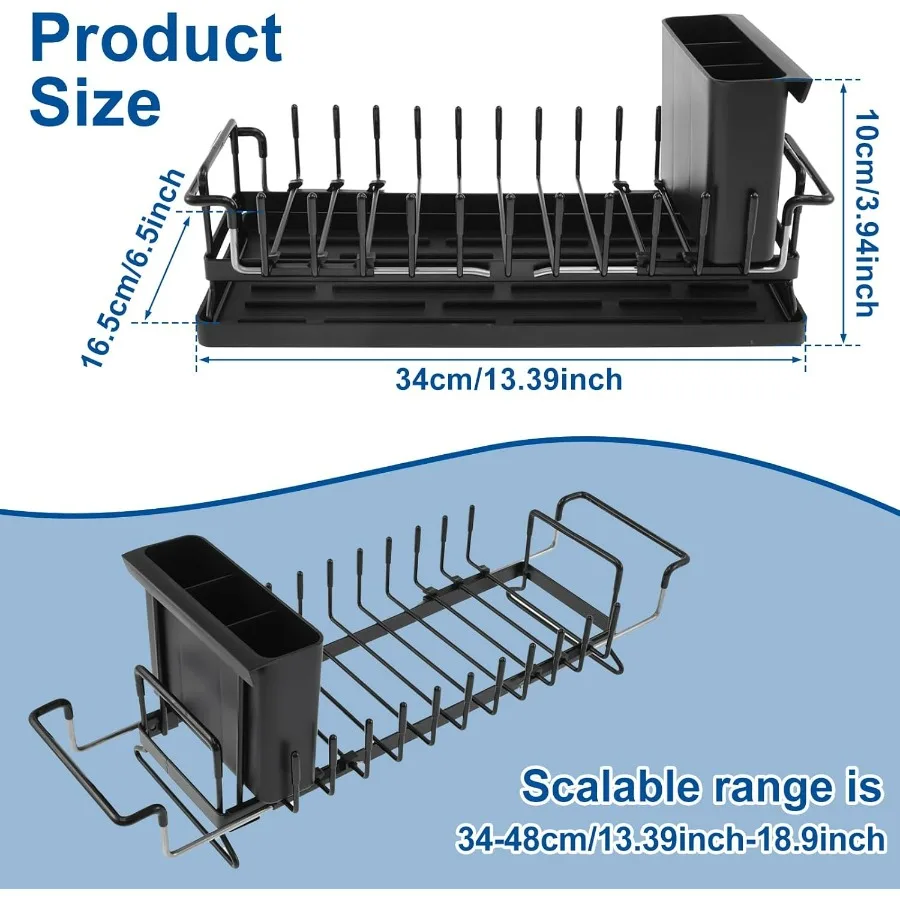 2 قطعة رف تجفيف الأطباق القابل للتوسيع من الفولاذ الكربوني لتمديد الأطباق تجفيف الأطباق متعدد الوظائف حامل أواني رف توفير المساحة للمطبخ