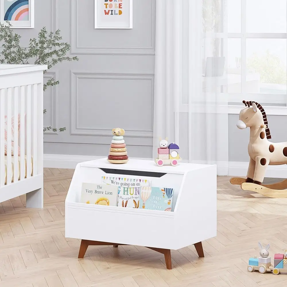 White Wooden Toy Chest with Front Book Holder, Kids Storage Bench Organizer for Boys & Girls