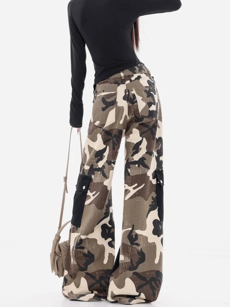 2026 American Retro Y2K Style Camouflage Patchwork Baggy Cargo Women's Jeans Pants Clothing Wide Leg Woman Gothic Long Trousers
