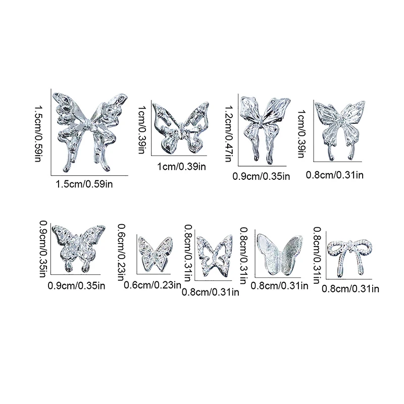 10pcs Metal Butterfly Nail Jewelry Silver Bowknot Manicure Decoration Punk Style Manicure Supplies 3D Alloy Nail Accessories