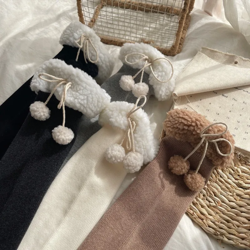 Japanese Fleece Lined Over Knee Socks Winter Vertical Stripe Micro Pressure Slim Thigh High Stockings With Pom Pom Cuff