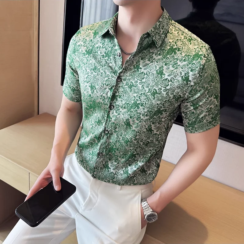 Summer Luxury Ice Silk Flower Shirt Men's Short Sleeve Casual Fashion Korean Style Printed Slim Fit Shirts Tuxedo Men's Clothing