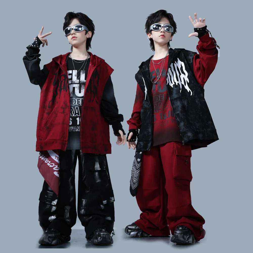 

Children Girls Boys Streetwear Hip Hop Hoodie Pant Sets Kids Hooded Vest Trousers Tracksuits Stage Performance Clothes Costume