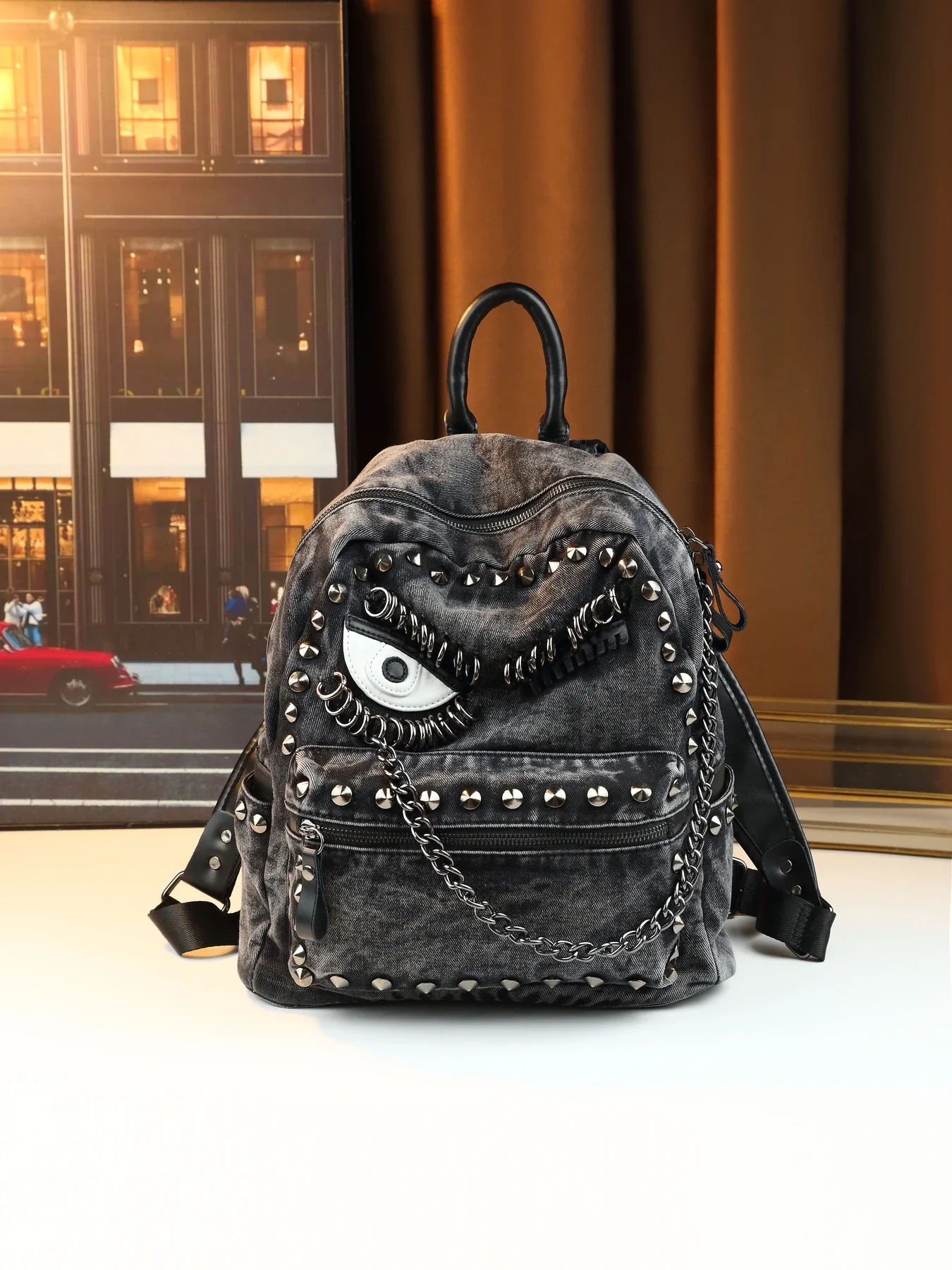 Fashion new denim eye rivet chain bag trendy large capacity backpack retro punk style backpack school bag