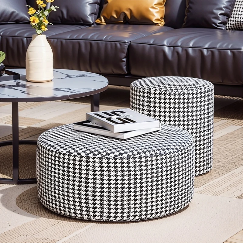 

Light Luxury Living Room Round Sofa Solid Wood Makeup Stools Thousand Bird Grid Shoe Bench High Elastic Sponge Hallway Ottoman