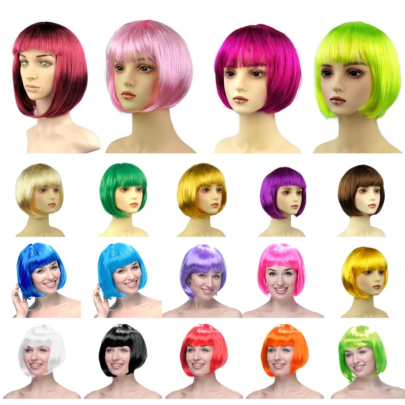 ハロウィンテーマのパーティー用ボブウィッグ-ショートストレート-フラットバング付き-ヘアアクセサリー