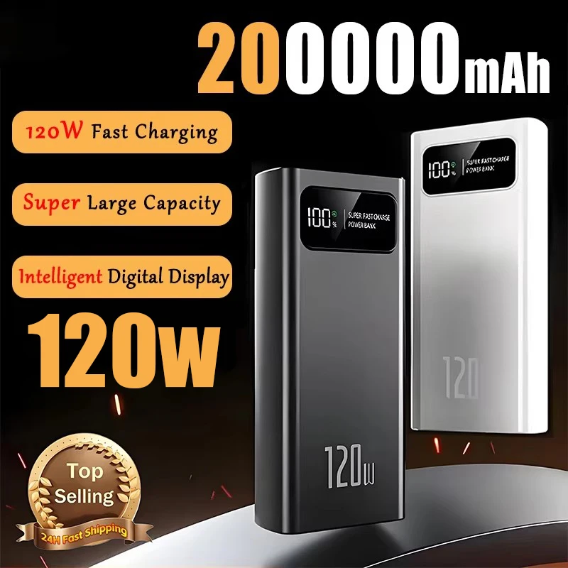 120W Fast Charging Power Bank 200000mAh Ultralarge Capacity Portable Digital Display External Battery For iPhone Samsung Xiaomi